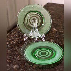 (2) Vintage Green Vaseline Depression Green Uranium Glass Plates 8” textured